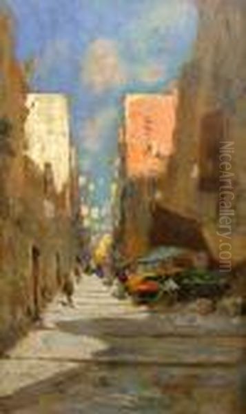 Steps In A Narrow Street Oil Painting by Oscar Ricciardi