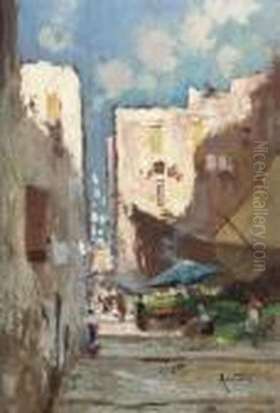 A Sunlit Italian Street Market Oil Painting by Oscar Ricciardi