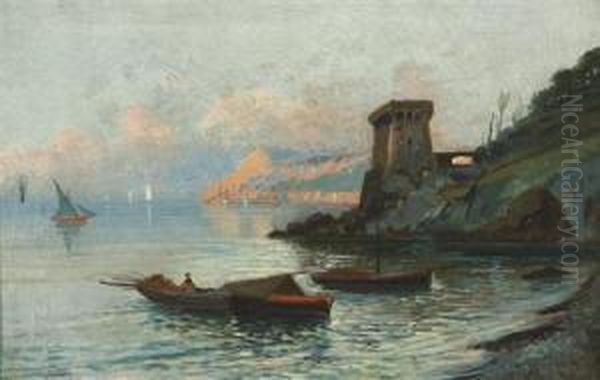 Ships Off The Amalfi Coast At Sunset Oil Painting by Oscar Ricciardi