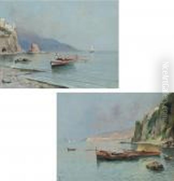 Fishing Boats On Neapolitan Coast, A Pair Oil Painting by Oscar Ricciardi