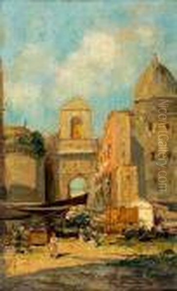 A Market Scene Outside A Town Gate Oil Painting by Oscar Ricciardi