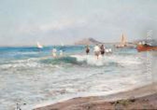 Figures Paddling On A Beach With Fishing Boatsbeyond Oil Painting by Oscar Ricciardi