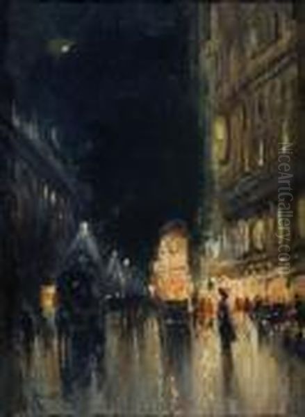 Parigi, Vita Notturna In Strada Oil Painting by Oscar Ricciardi