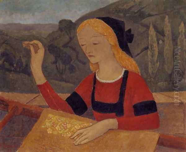 Embroiderer in a Landscape of Chateauneuf Oil Painting by Paul Serusier