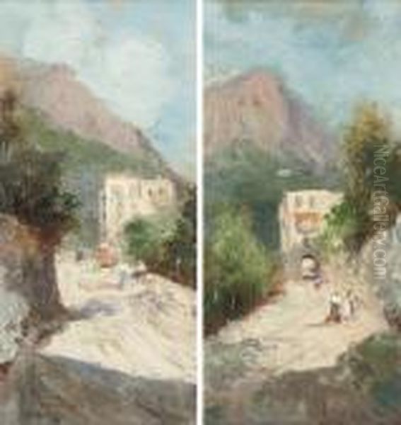 Peasants On A Capri Pass; And Another Similar Oil Painting by Oscar Ricciardi