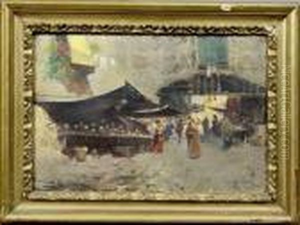 An Italian Market Scene Oil Painting by Oscar Ricciardi