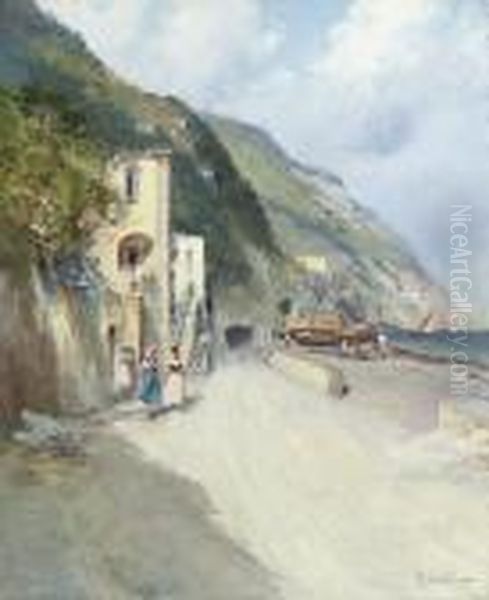 A Fishing Village On The Amalfi Coast Oil Painting by Oscar Ricciardi