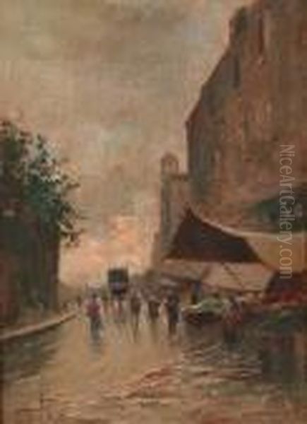 A Rainy Market Day Oil Painting by Oscar Ricciardi