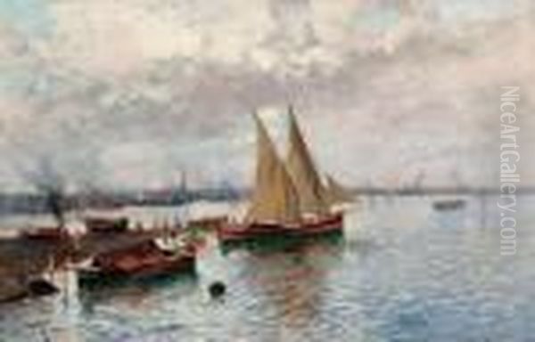 Boats In The Harbour Oil Painting by Oscar Ricciardi