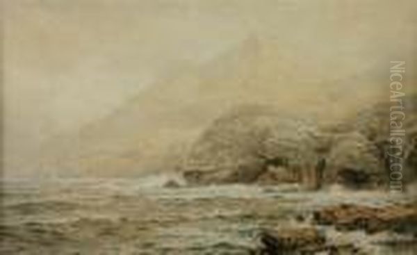 American, - Waves Crashingagainst Cliffs Oil Painting by William Trost Richards