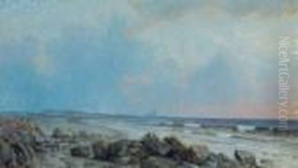 Rocky Shore With Distant Lighthouse Oil Painting by William Trost Richards