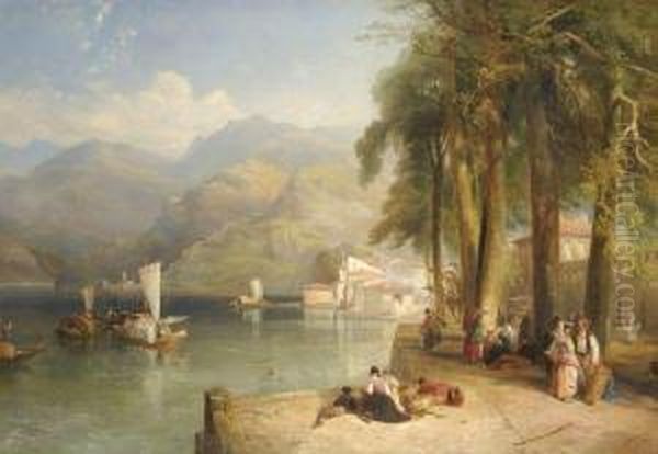 Figures On The Bank Of An Italianate Lake Oil Painting by Thomas Miles Richardson