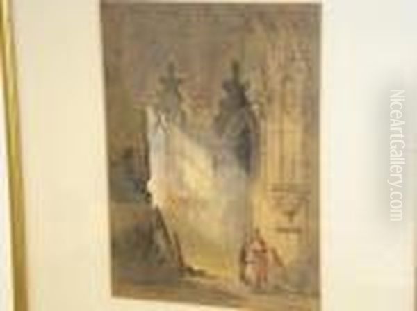 Figures In A Cathedral Interior Oil Painting by Thomas Miles Richardson