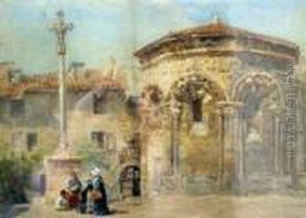 Breton Figures In A Village Square Oil Painting by Thomas Miles Richardson