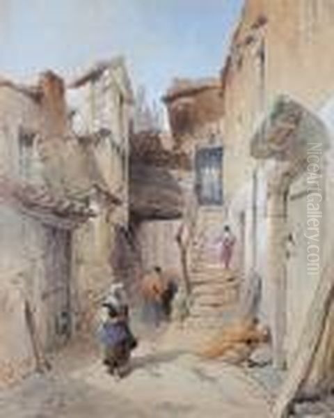 Maids And Young Children In A Backstreet Oil Painting by Thomas Miles Richardson