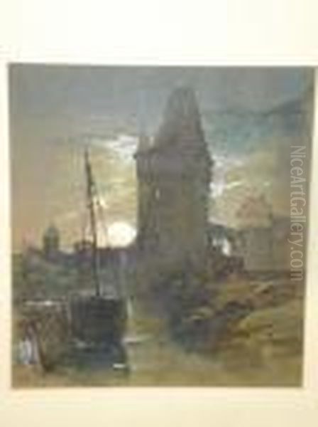 A Moonlit Landscape With Boats By A Towngateway And River Oil Painting by Thomas Miles Richardson