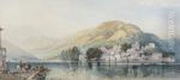 North Italian Lakeside Town Oil Painting by Thomas Miles Richardson