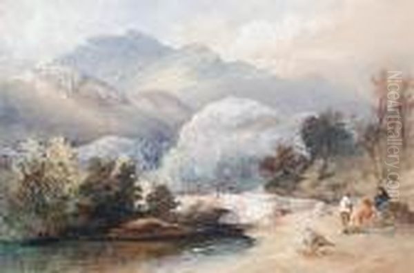 Figures On A Bridge, Mountains Beyond Oil Painting by Thomas Miles Richardson