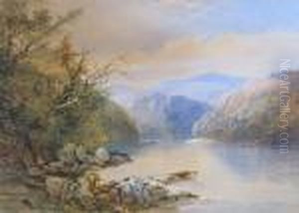 View Of A Lake With Mountains Beyond Oil Painting by Thomas Miles Richardson