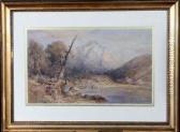 A Mountainous Landscape, Trees At The Shore Of A Lake Oil Painting by Thomas Miles Richardson