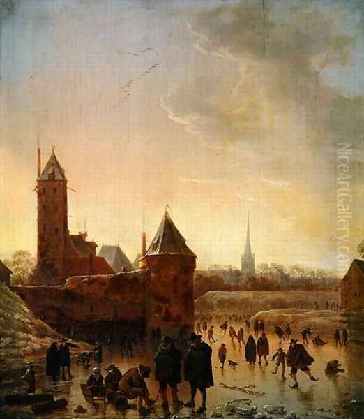 Ice Skating in front of the Utrecht City Walls, 1646 Oil Painting by Herman Saftleven