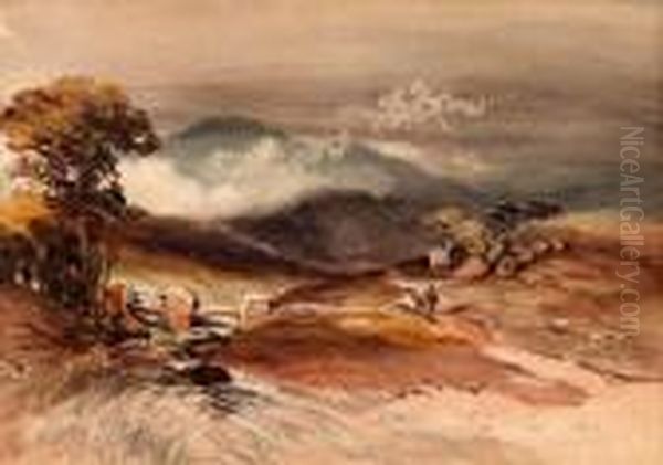 Inscribed To Mount From A Sketch Book (figures Walking In A Hilly Landscape) Oil Painting by Thomas Miles Richardson