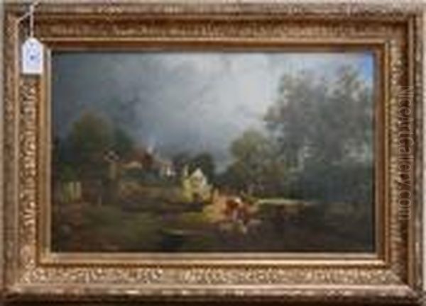 Pastoral Landscape With Farmer 
And Livestock On A Road Walking Past An Industrial Complex Oil Painting by Thomas Miles Richardson