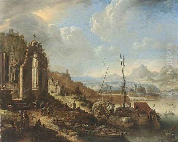 Rhenish River Landscape Capriccio 1676 Oil Painting by Herman Saftleven