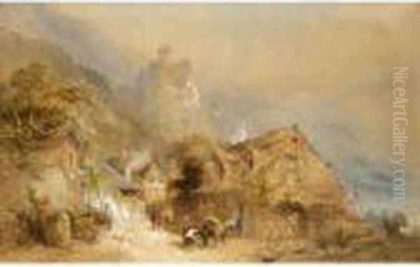 Village By An Alpine Lake Oil Painting by Thomas Miles Richardson