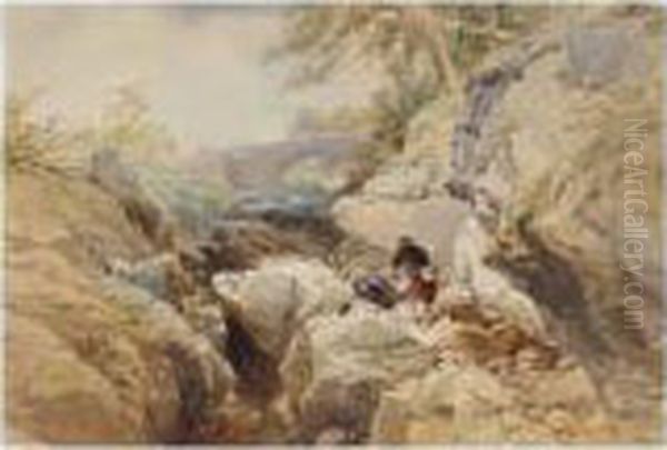 Two Anglers By A Stream Oil Painting by Thomas Miles Richardson