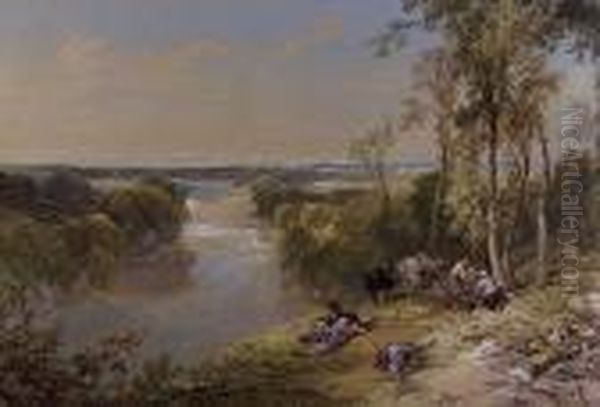 On The River Findhorn, Nr Forres, Ross-shire Hills In The Distance Oil Painting by Thomas Miles Richardson