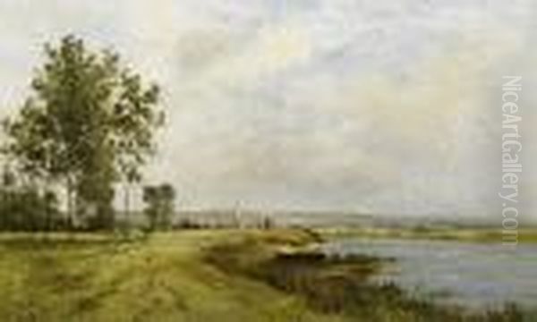 Riverscape With Small Town Church In Distance Oil Painting by Leon Richet