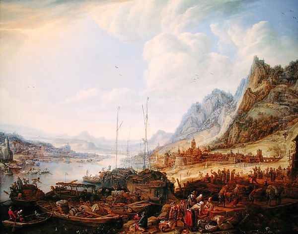 A Rhenish Landscape with Fishermen and Peasants at a Quayside Oil Painting by Herman Saftleven