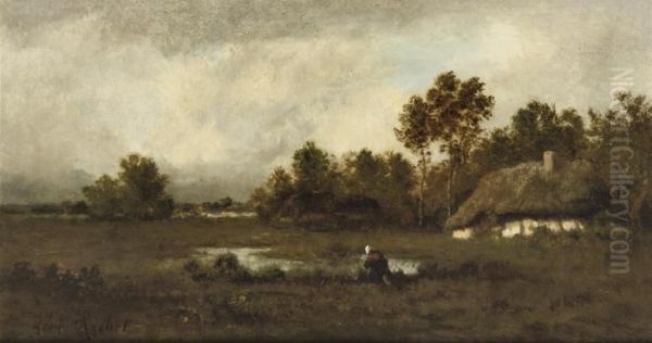 Near Barbizon: By A Farm Oil Painting by Leon Richet