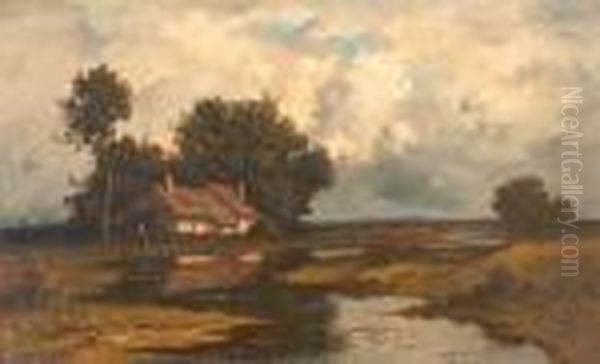 Landschaft Mit Haus Und Teich. Oil Painting by Leon Richet