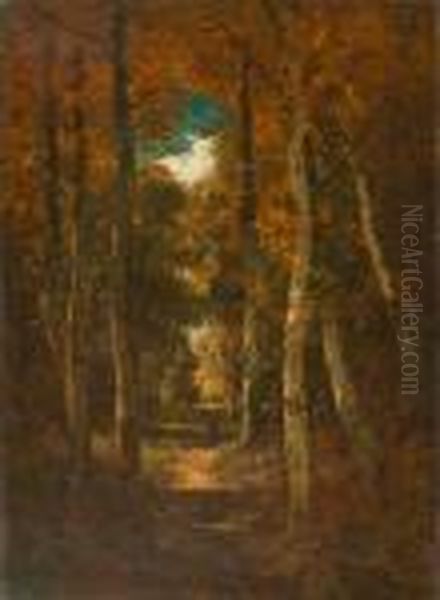 Woman On A Forest Path. Oil Painting by Leon Richet