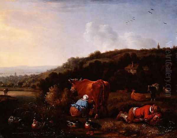 A pastoral landscape with a milkmaid and a sleeping cowherd Oil Painting by Herman Saftleven