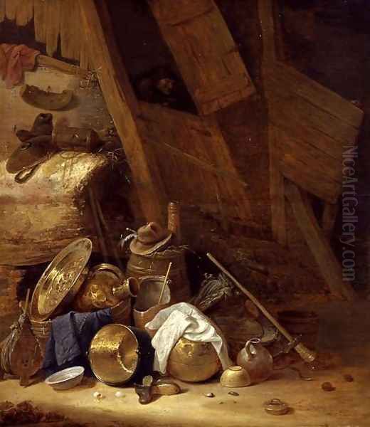 Still Life inside a Barn, 1634 Oil Painting by Herman Saftleven