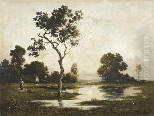 Landschaft Mit Bauerin Und Teich. Oil Painting by Leon Richet