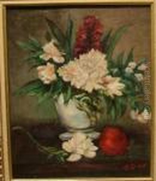 Bouquet De Fleurs Et Pomme Sur Une Table Oil Painting by Leon Richet