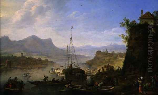 Rhenish Landscape with a Haybarge Moored by a Landing Stage, 1665 Oil Painting by Herman Saftleven