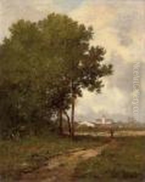 Walking On A Path At The Edge Of A Wood Oil Painting by Leon Richet