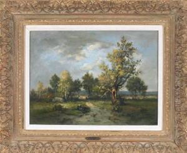 Rast Am Wegesrand In Baumbestandener Landschaft Oil Painting by Leon Richet