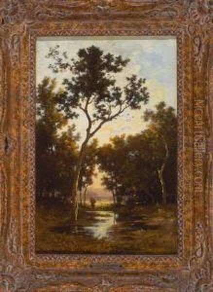 Person An Einem Gewasser Auf Einer Waldlichtung In Der Abenddammerung Oil Painting by Leon Richet