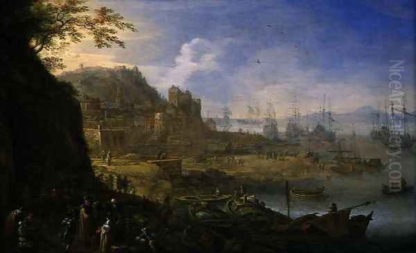 Rhenish Landscape with Merchants and Sailors on a Landing Stage, c.1665 Oil Painting by Herman Saftleven