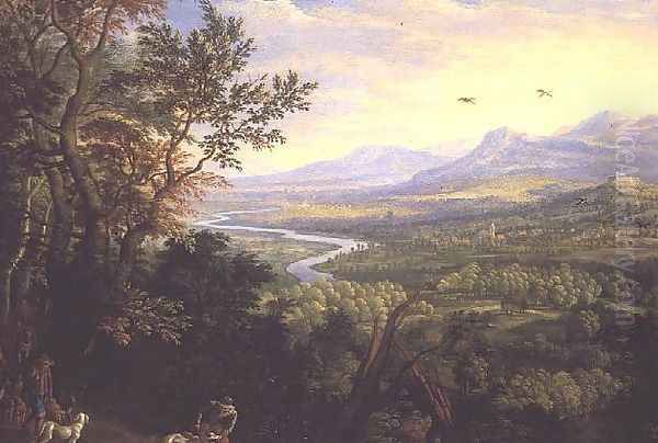 River Landscape, 1680s Oil Painting by Herman Saftleven