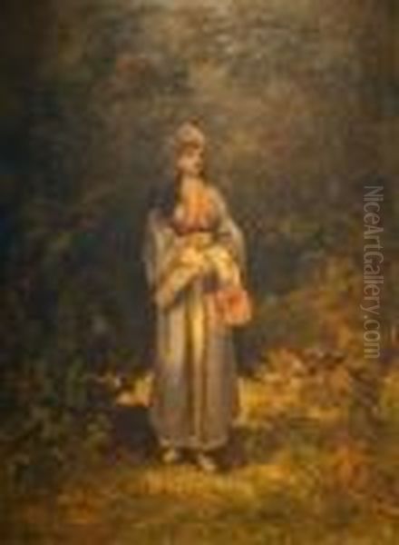 Woman In A Forest Landscape Oil Painting by Leon Richet