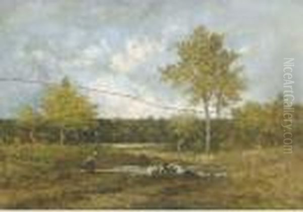 A Figure By A Pond In A Forest Clearing Oil Painting by Leon Richet