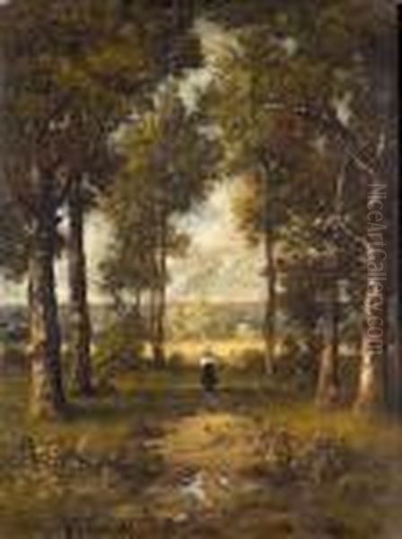 Sommerliche Waldpartie Mit Reisigsammlerin. Oil Painting by Leon Richet