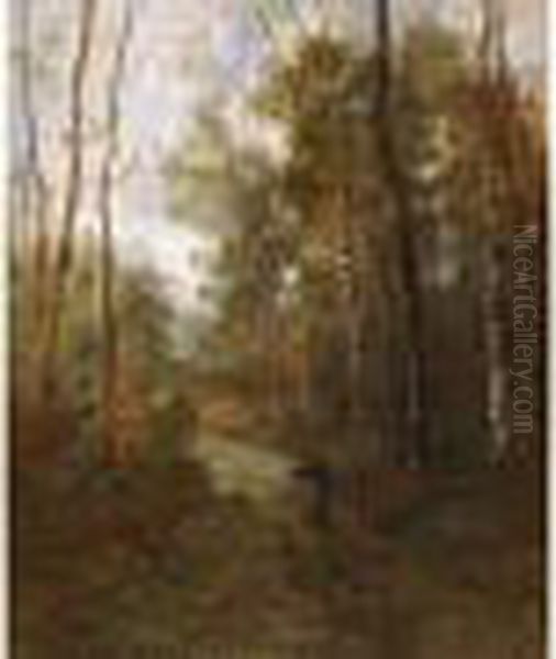 Chemin De La Foret De Fontainebleau, Paysanne En Chemin Oil Painting by Leon Richet